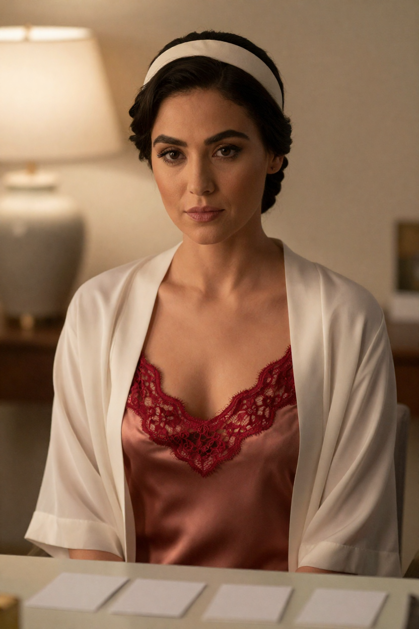 Editorial boudoir photograph of a fictional adult woman, 29 years old, dark hair in a low
